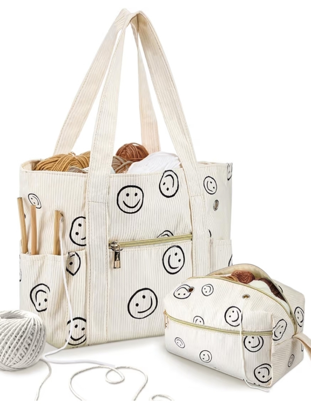 Smiley Print Knit Tote & Pouch Set - Cream with Black Smiles